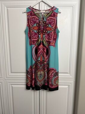 Ivy Lane Size Large V-Neck Sleeveless Turquoise Midi Dress Pink Paisley Print